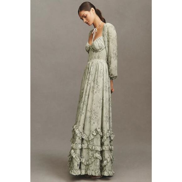 V. Chapman Sage Tapestry Carmella Long Sleeve Corset Chiffon Maxi Dress - Picture 2 of 15